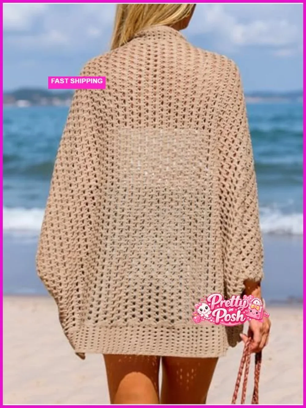 Knit Open Front Long Dolman Sleeves Beach Crocheted Cover-Up